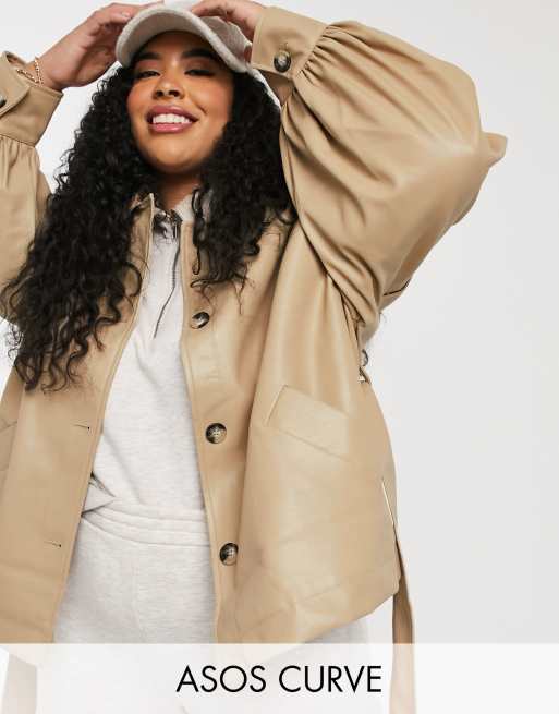 ASOS DESIGN Curve – Lerfärgad jacka i läderimitation med dramatiska ärmar