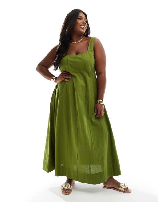 ASOS DESIGN Curve – Letnia sukienka tenisowa maxi z ozdobnymi szwami w kolorze khaki