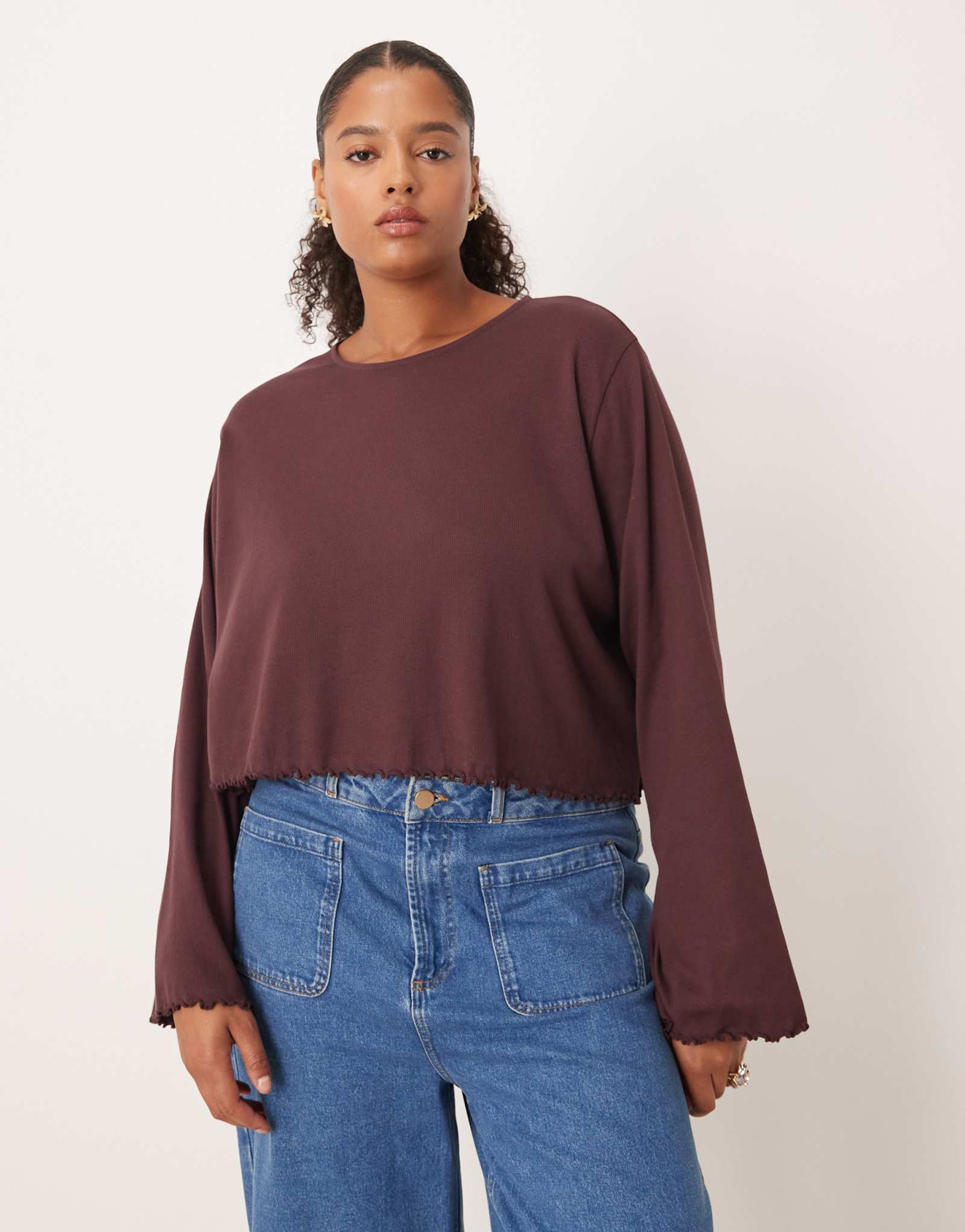 Футболка с длинным рукавом ASOS DESIGN Curve lettuce hem цвета помадки