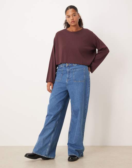 ASOS DESIGN Curve lettuce hem long sleeve t-shirt in fudge, 2 of 4