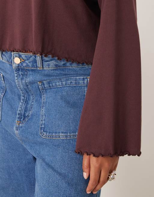ASOS DESIGN Curve lettuce hem long sleeve t-shirt in fudge, 3 of 4