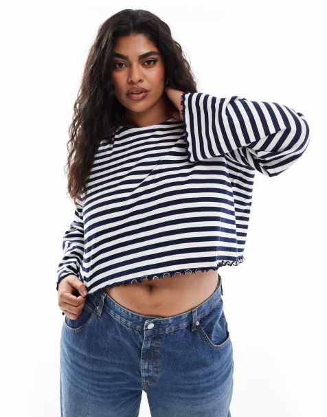 ASOS DESIGN Curve lettuce hem long sleeve t-shirt in white and navy stripe - view 1