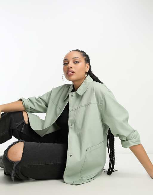 ASOS DESIGN Curve - Lichtgewicht katoenen shacket met zak in saliegroen met wassing