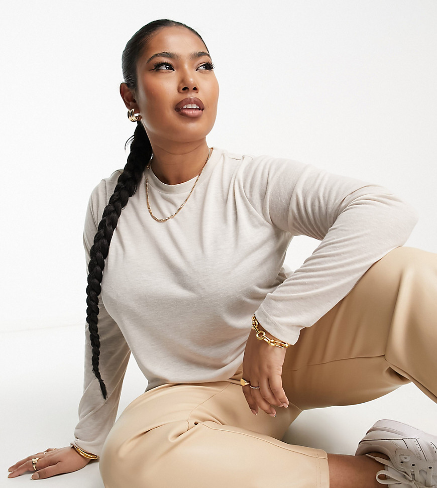 ASOS DESIGN Curve light weight marled boxy long sleeve top in oatmeal marl-Neutral