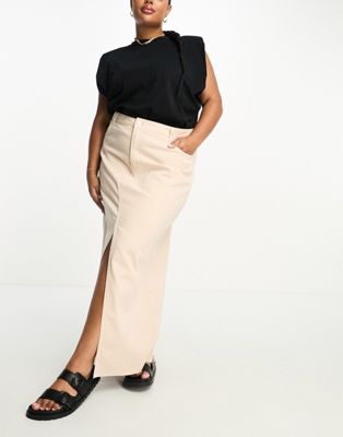ASOS DESIGN Curve lightweight denim maxi skirt with split front in taupe