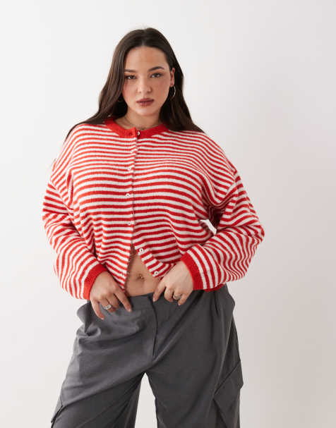 ASOS DESIGN Curve lightweight relaxed cardigan in red and white stripes - view 1
