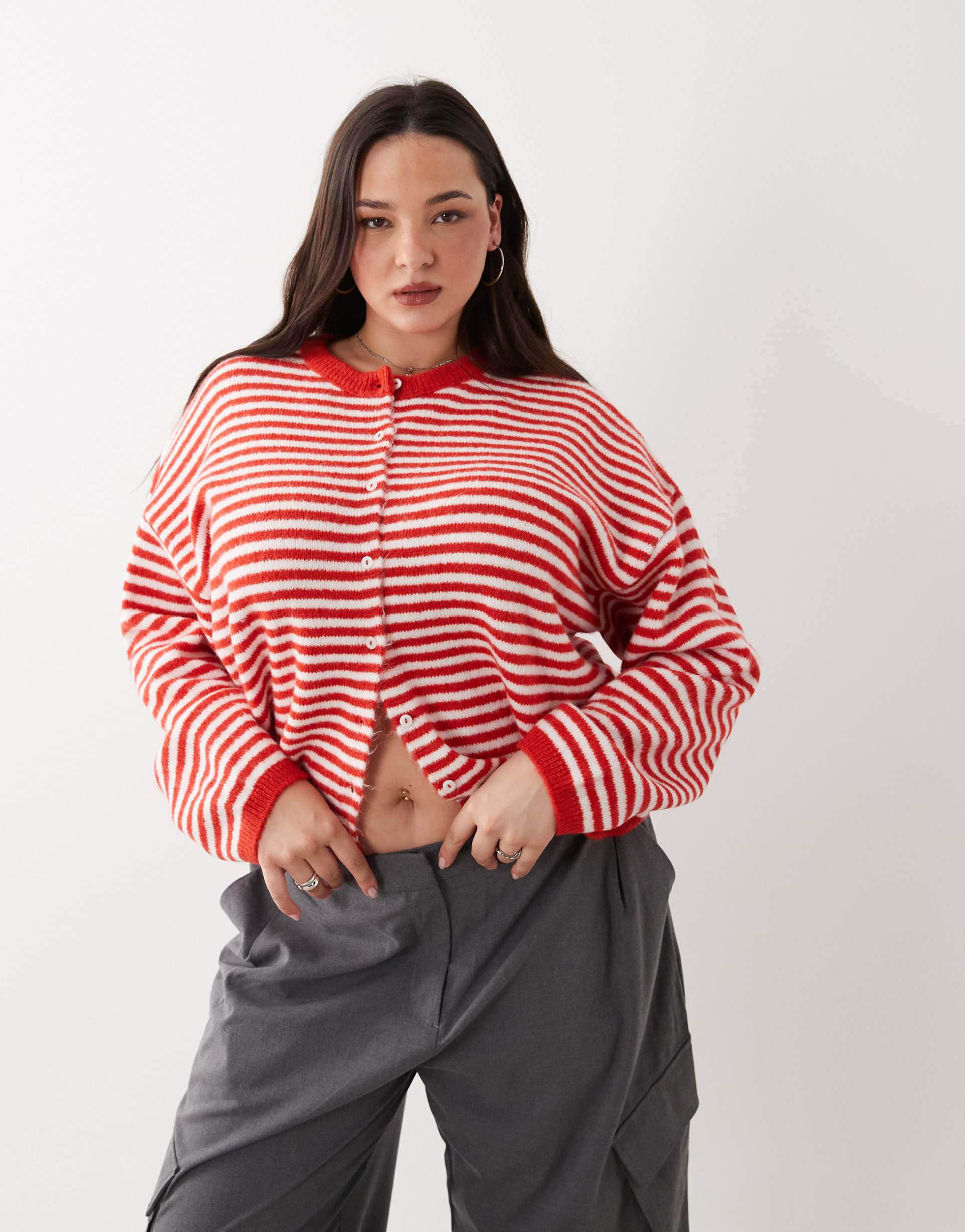 asos design curve lightweight relaxed cardigan in red and white stripes