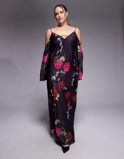 ASOS DESIGN Curve – Lila, blommig midiklänning i satin med långa ärmar, sänkta axlar och smala axelband - view 1