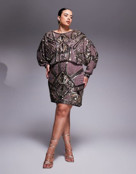 ASOS DESIGN Curve – Lila miniklänning med linjära utsmyckningar, drapering baktill och pingvinärmar - view 1
