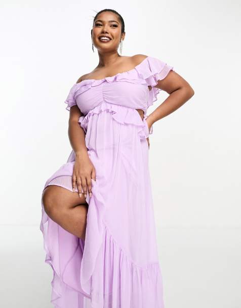 ASOS DESIGN Curve – Lila off shoulder-maxiklänning med volanger, utskurna detaljer och ojämn fåll - view 1