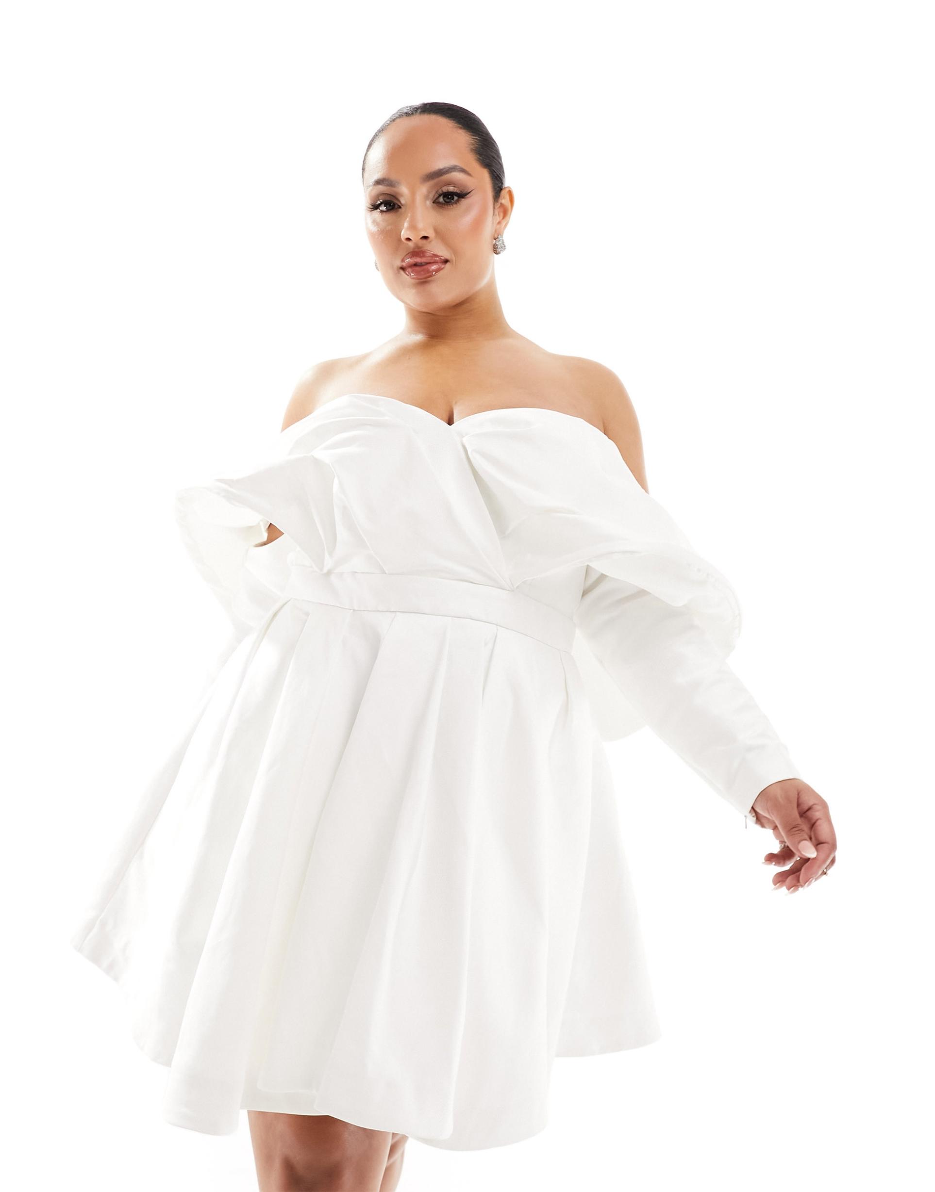 asos design curve lila satin structured off shoulder mini wedding dress with full skirt in ivory