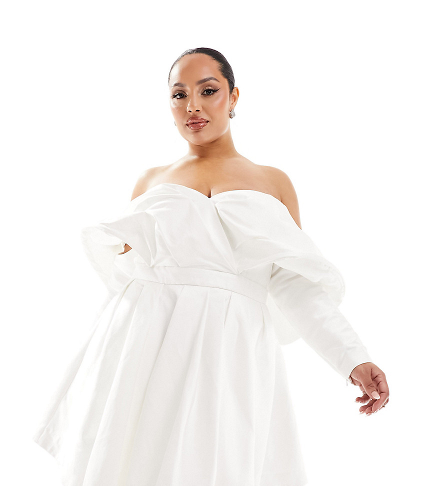 ASOS DESIGN Curve Lila satin structured off shoulder mini wedding dress with full skirt in-White