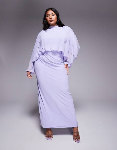 ASOS DESIGN Curve – Liliowa siateczkowa sukienka maxi z drapowaną górą, obszernymi długimi rękawami z obcisłym mankietem i marszczoną spódnicą - view 1