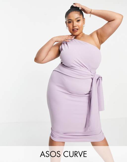 ASOS DESIGN Curve – Liliowa sukienka midi na jedno ramię z węzłem z boku