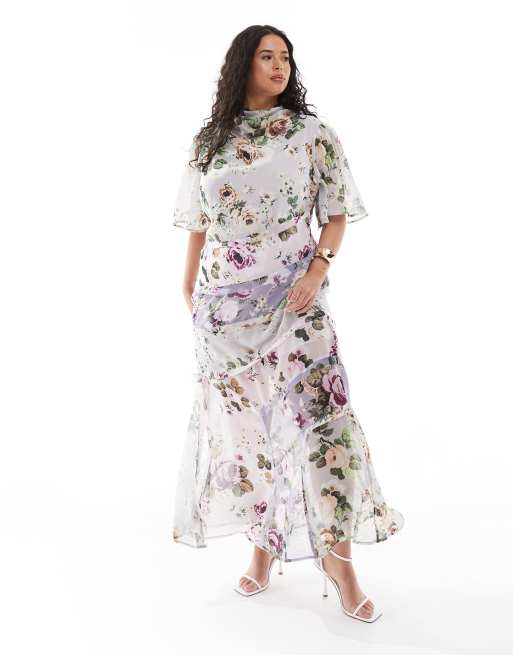 ASOS DESIGN Curve – Liliowa sukienka midi z zabudowanym dekoltem, rękawami długości 3/4 i rozcięciami w kwiatowy wzór