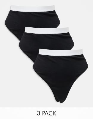 ASOS DESIGN Curve - Lillie - 3er-Pack Baumwoll-Tangas in Schwarz mit Taillenbund