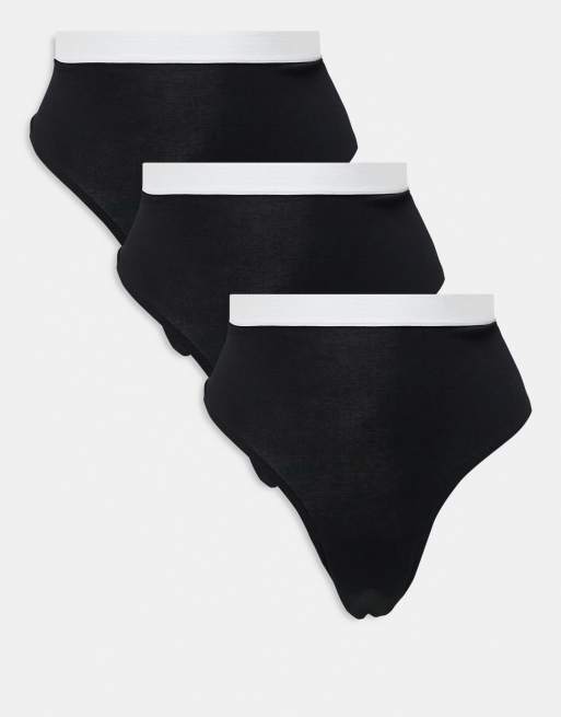 ASOS DESIGN Curve – Lillie – Zestaw 3 par bawełnianych fig brazylianów w kolorze czarnym, z taśmą w talii