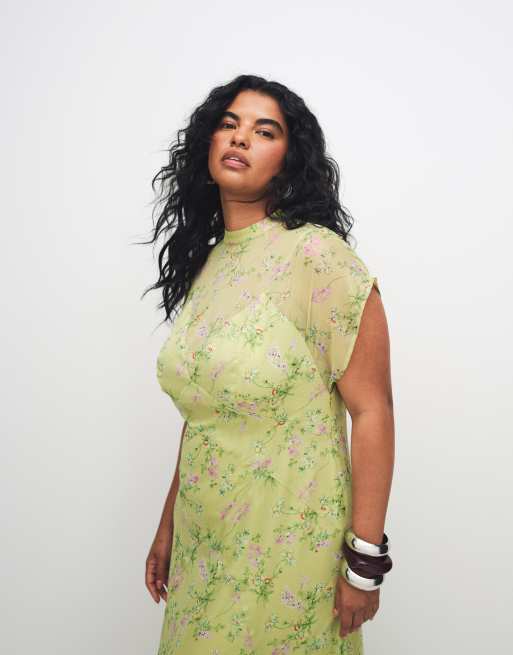 ASOS DESIGN Curve – Limegrön, blommig maxiklänning i chiffong med hög krage och ojämn fåll, 4 av 7