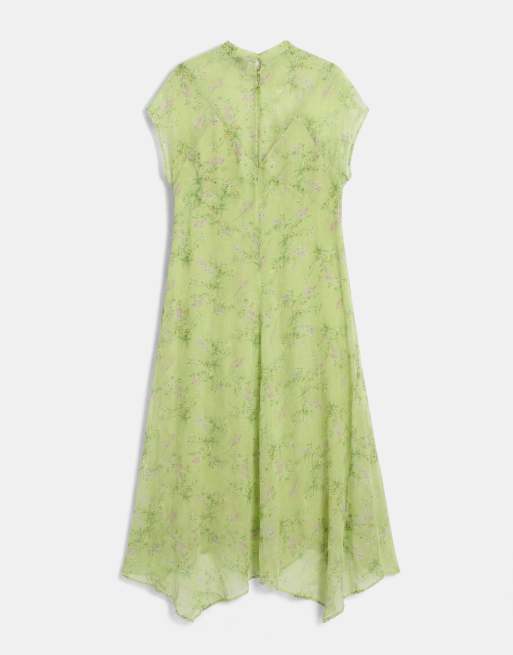 ASOS DESIGN Curve – Limegrön, blommig maxiklänning i chiffong med hög krage och ojämn fåll, 6 av 7