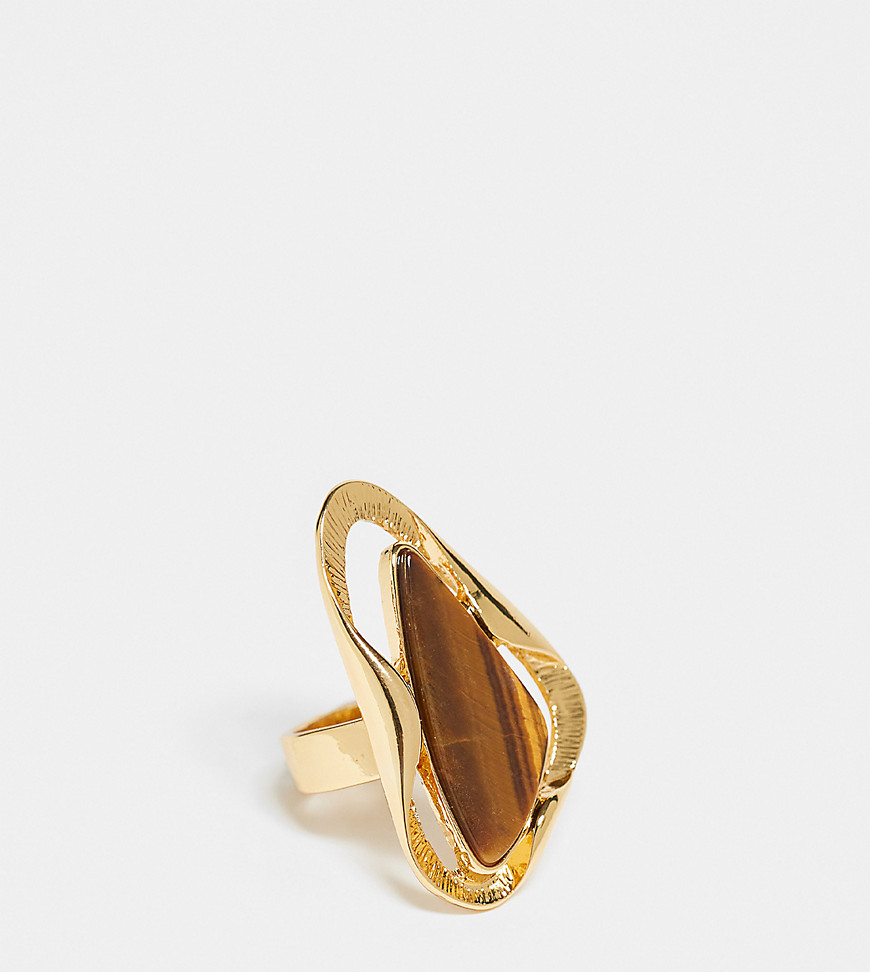 ASOS DESIGN Curve Limited Edition 14k gold plated ring with molten design and tigers eye real semi precious stone