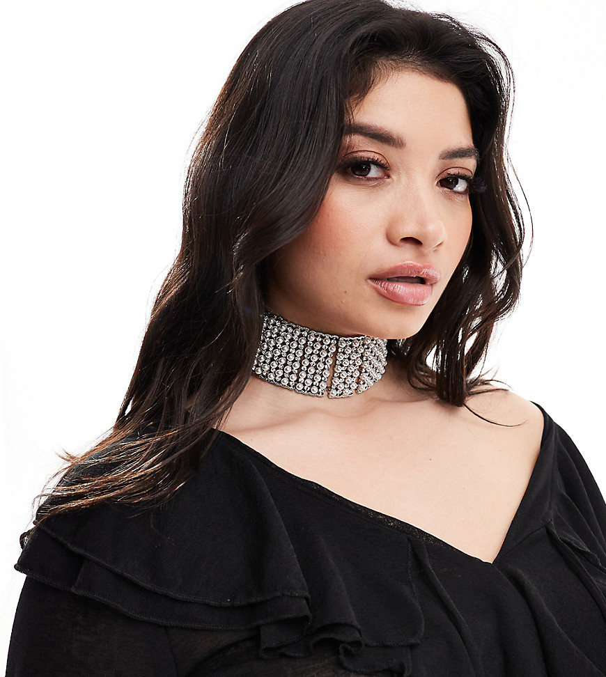 Asos Curve Asos Design Curve Limited Edition Choker Necklace With Faux Pearl And Crystal Cupchain In Silver Ton