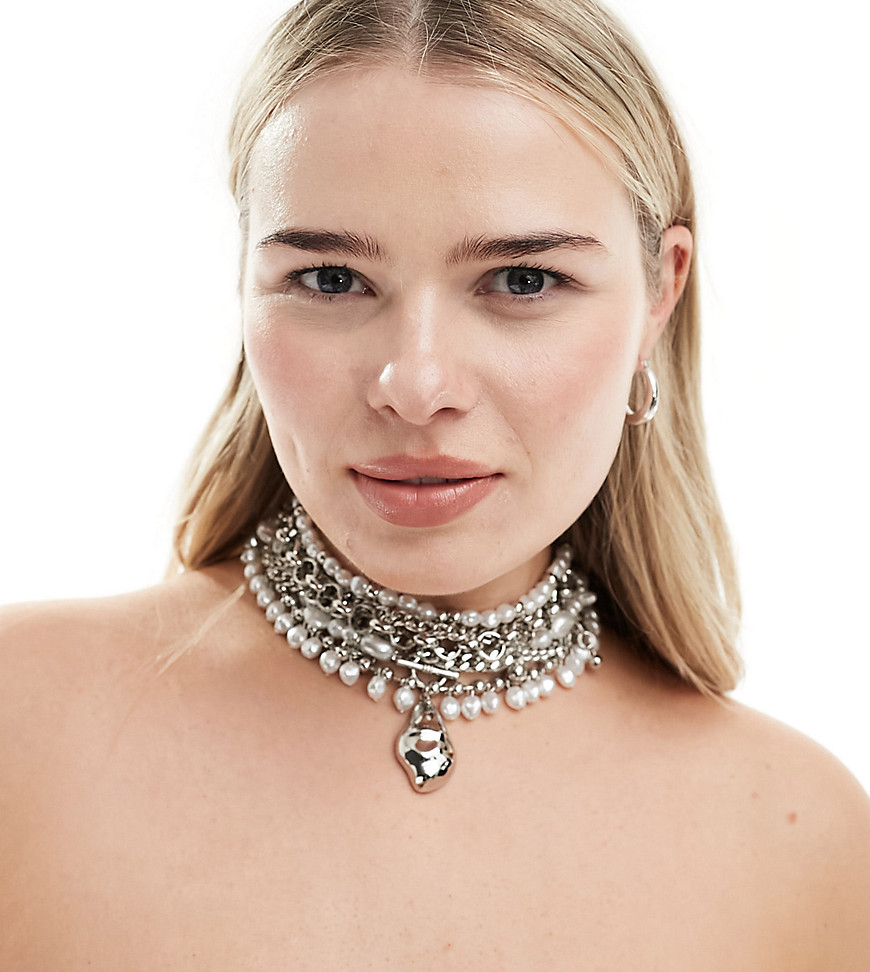 Asos Curve Asos Design Curve Limited Edition Choker Necklace With Mixed Faux Pearl And Chain With Molten Pendan In Silver