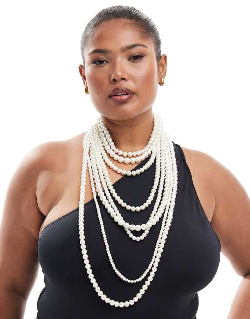 ASOS DESIGN Curve Limited Edition pack of 4 necklaces with glass pearl ...