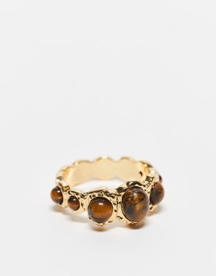 ASOS DESIGN Curve - Limited Edition - Ring mit echten Tigerauge-Halbedelsteinen und 14-Karat-Vergoldung-Goldfarben