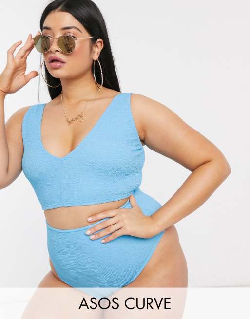 ASOS DESIGN curve – Blå krinklad bikini med hög midja, 3 av 3