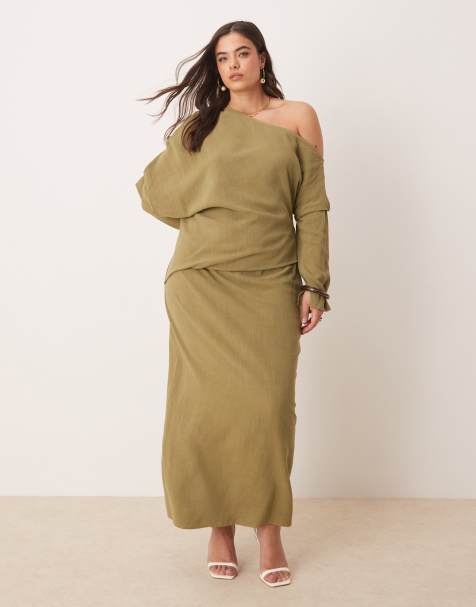 ASOS DESIGN Curve linen asymmetric fallen shoulder long sleeve midi dress in khaki - view 1