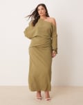 [ASOS Curve] ASOS DESIGN Curve linen asymmetric fallen shoulder long sleeve midi dress in khaki-Green 22 KHAKI