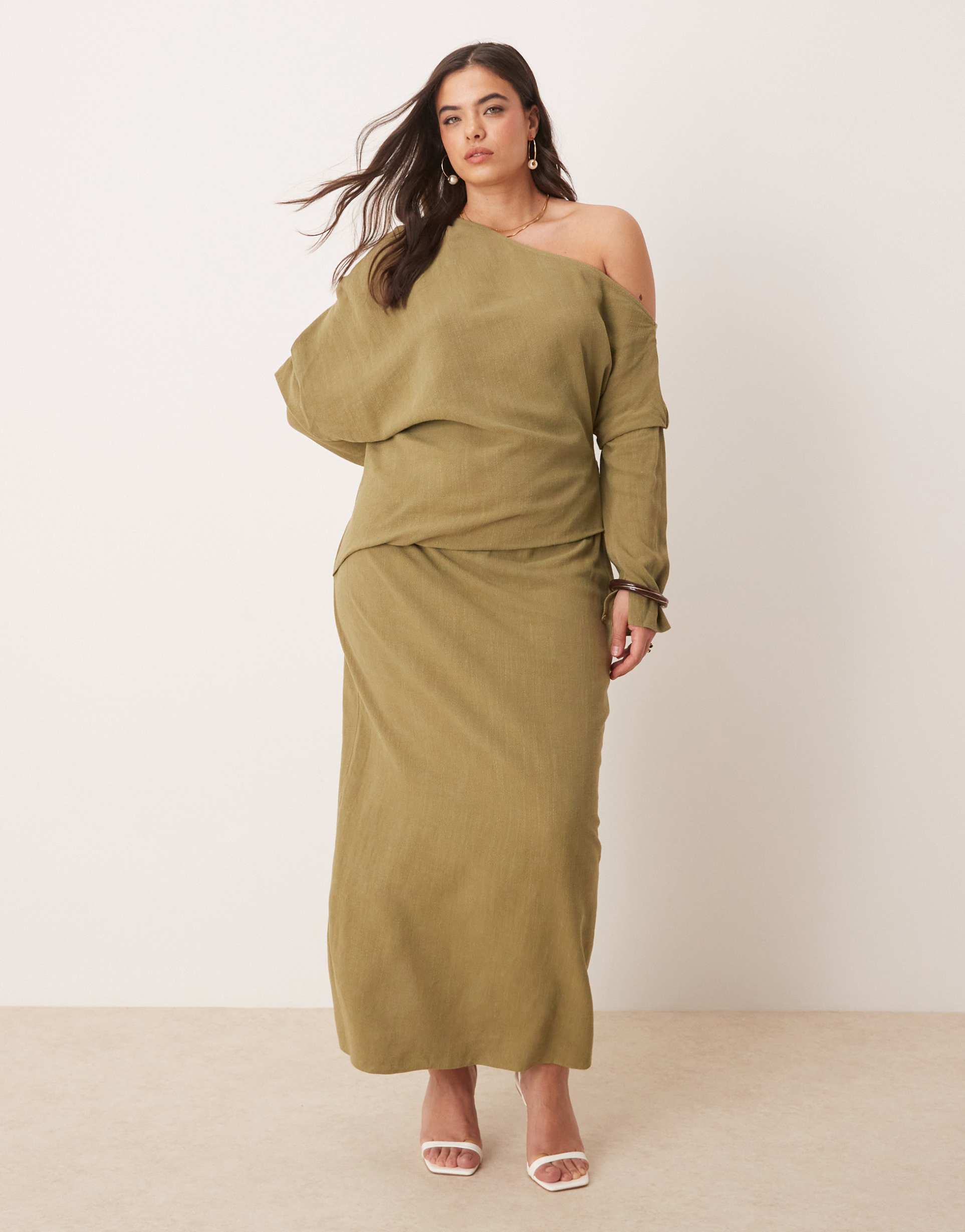 asos design curve linen asymmetric fallen shoulder long sleeve midi dress in khaki
