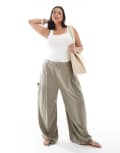[ASOS DESIGN] ASOS DESIGN Curve linen blend barrel leg utility pants in olive-Green 18 Olive