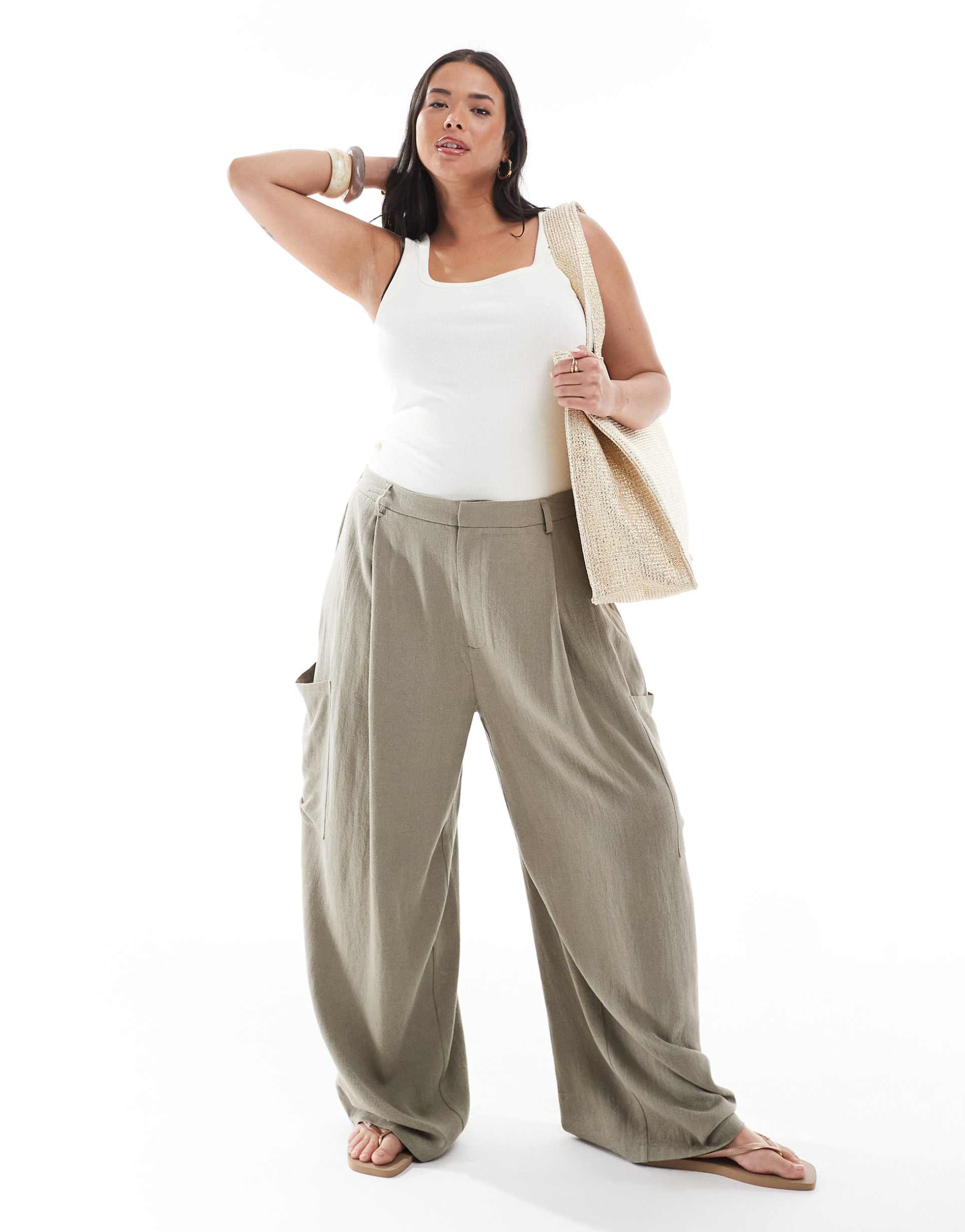 asos design curve linen blend barrel leg utility pants in olive