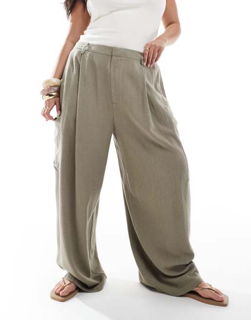 ASOS DESIGN Curve linen blend barrel leg utility pants in olive , 5 of 5