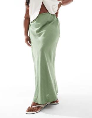 Asos Curve Asos Design Curve Linen Blend Bias Cut Maxi Skirt In Green