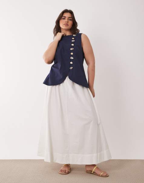 ASOS DESIGN Curve linen blend maxi vest dress with poplin skirt in navy and white - view 1