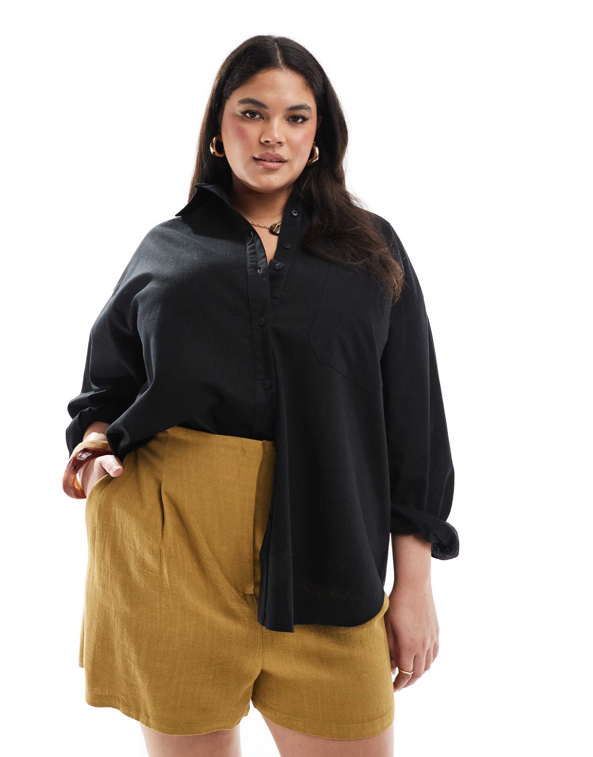 asos design curve linen blend oversized shirt in black