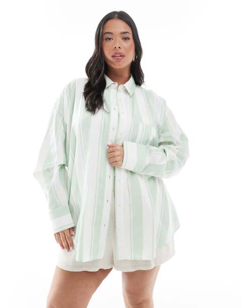 ASOS DESIGN Curve linen blend oversized shirt in wide stripes - view 1