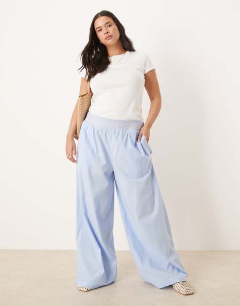 ASOS DESIGN Curve linen blend pull-on wide leg pants with shirred contrast waist detail in blue - view 1