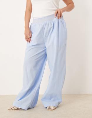 Asos Design Curve Linen Blend Pull-on Wide Leg Pants With Shirred Contrast Waist Detail