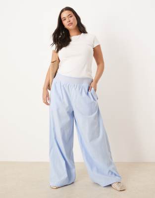 ASOS Curve ASOS DESIGN Curve linen blend pull on wide leg trousers with shirred contrast waist detail in blue