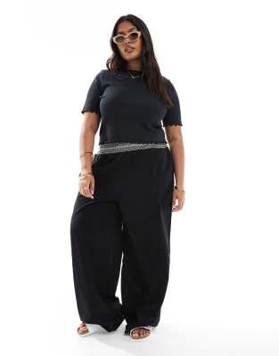 asos ASOS DESIGN Curve linen blend pull on wide leg trousers with shirred waist detail in black with cream