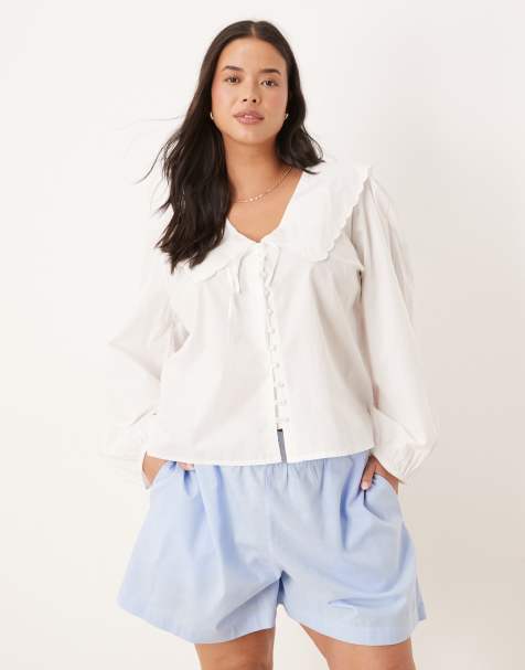 ASOS DESIGN Curve linen blend shirred contrast waist shorts in blue - view 1