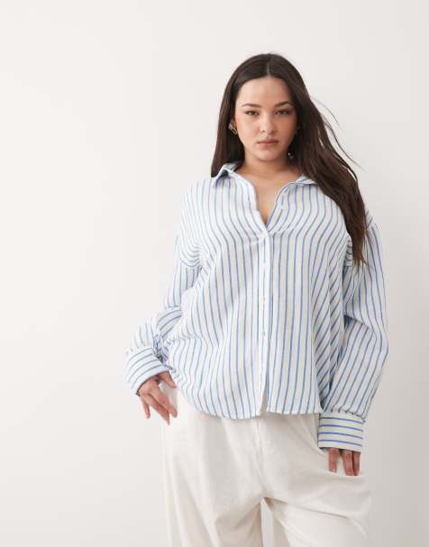 ASOS DESIGN Curve linen blend shirt in blue stripe - view 1