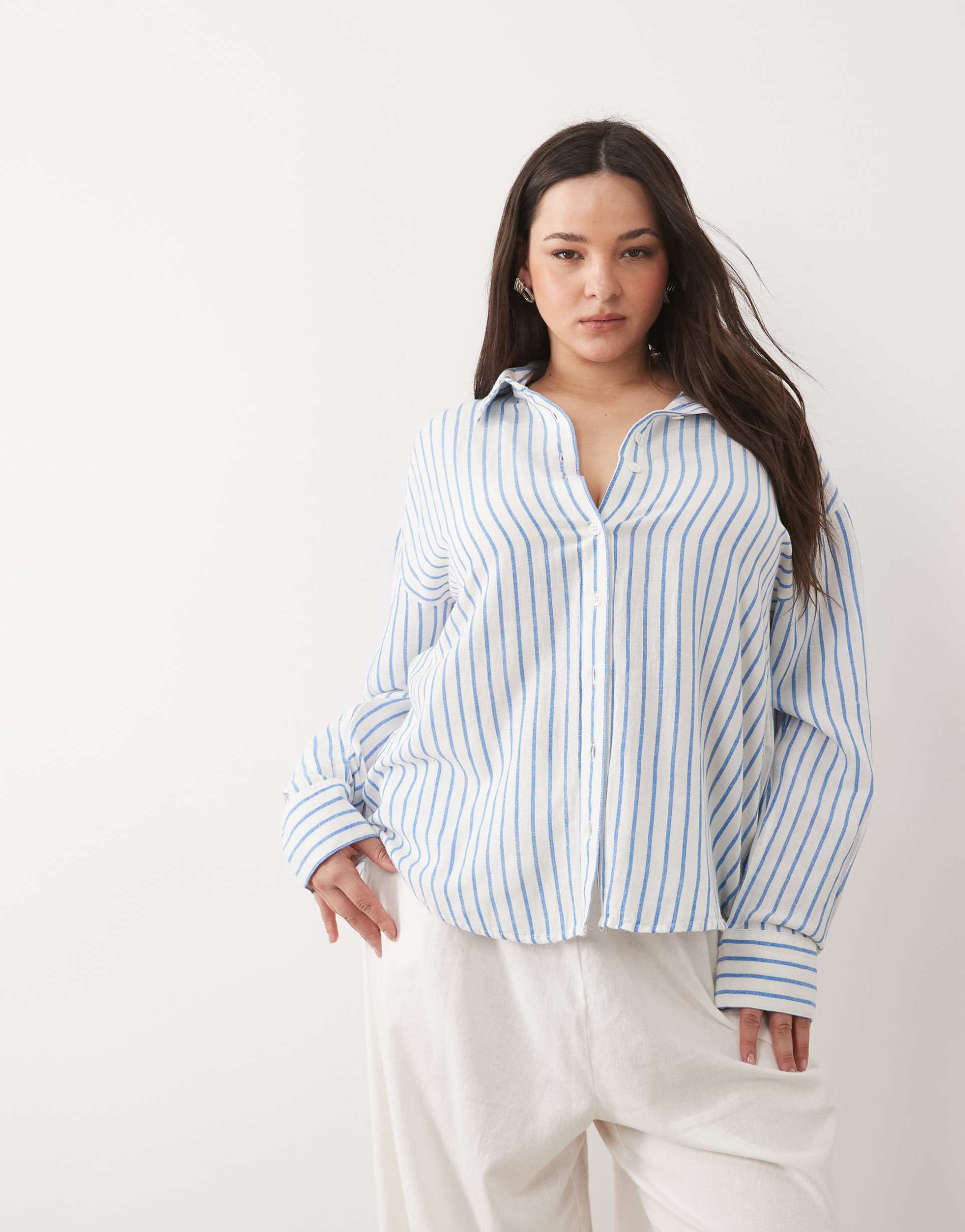asos design curve linen blend shirt in blue stripe