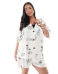 [ASOS Curve] ASOS DESIGN Curve linen blend short sleeve shirt in sketchy print (part of a set)-Multi 18 white