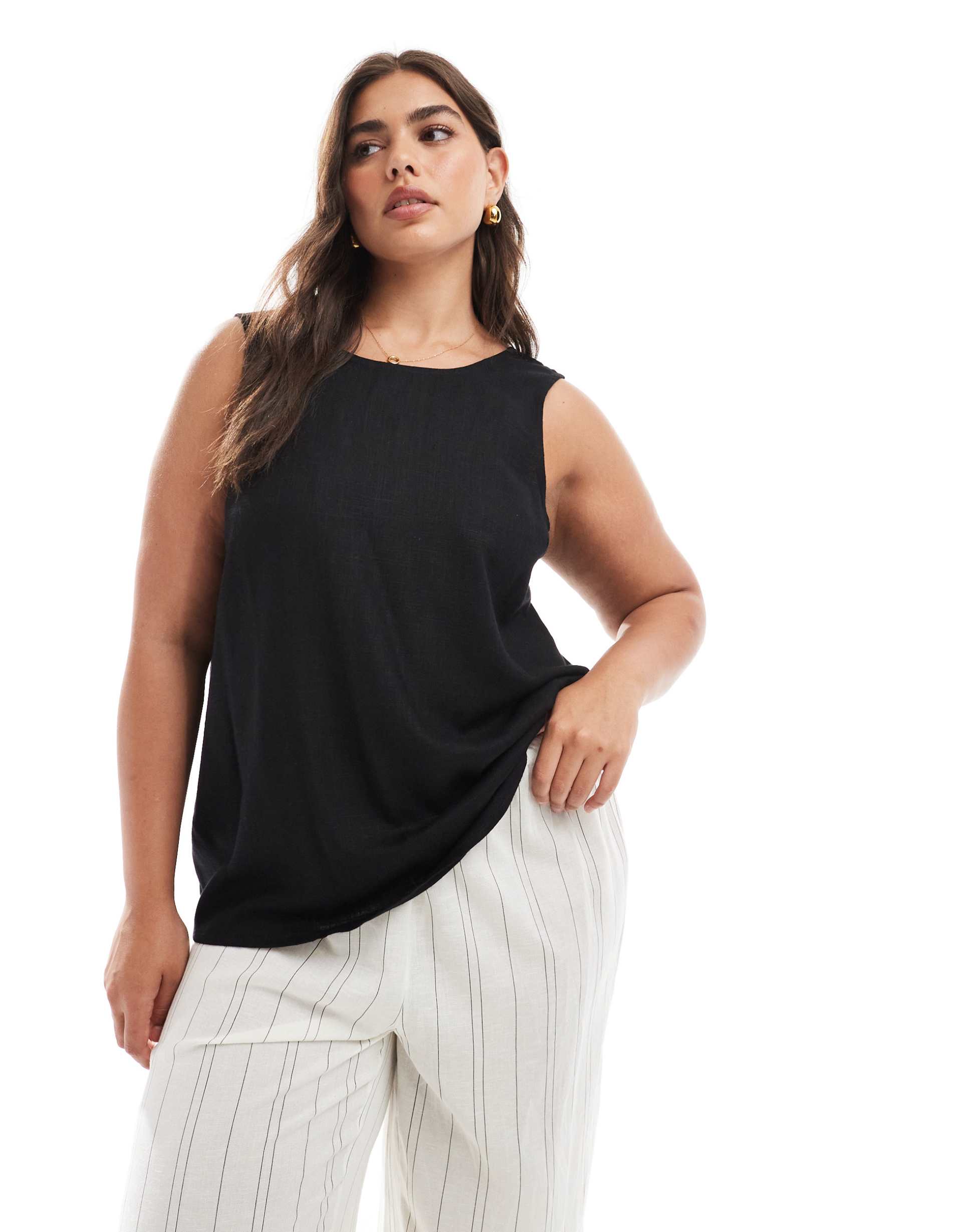 asos design curve linen blend tank top with scoop back in black