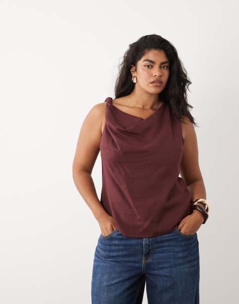 ASOS DESIGN Curve  linen blend twist shoulder top in burgundy - view 1