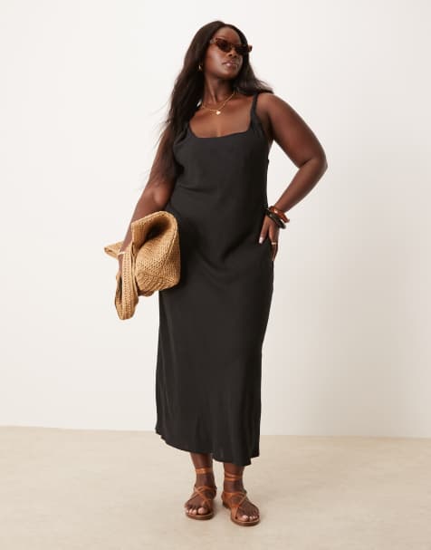 ASOS DESIGN Curve linen-blend twist strap bias maxi sundress in black - view 1